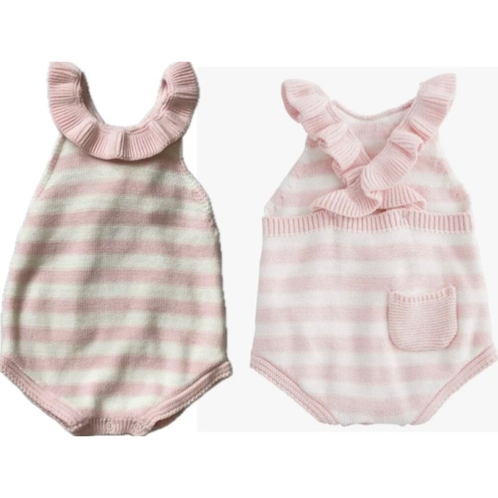 Mud Pie 3m 6m 9m NWT pink white stripe sweater knit bubble romper ruffle strap